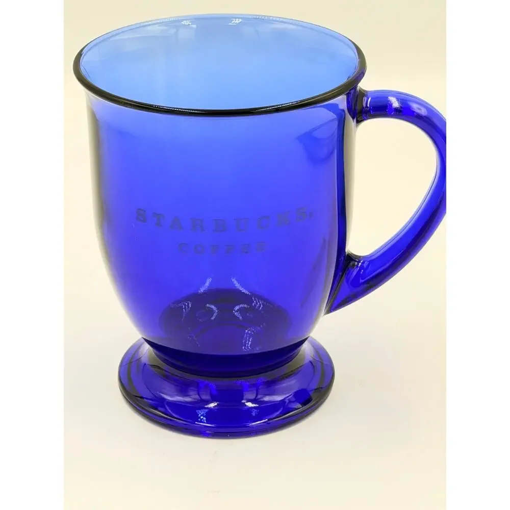 Vintage STARBUCKS Cobalt Blue Anchor Hocking Glass Pedestal Coffee Cup Mug 1990s